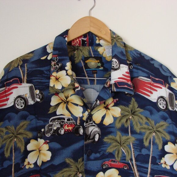 Hawaiian Shirt Floral Hot Rod Cars Palm Trees Short Sleeve Button Size 2 XL XXL - Picture 2 of 12
